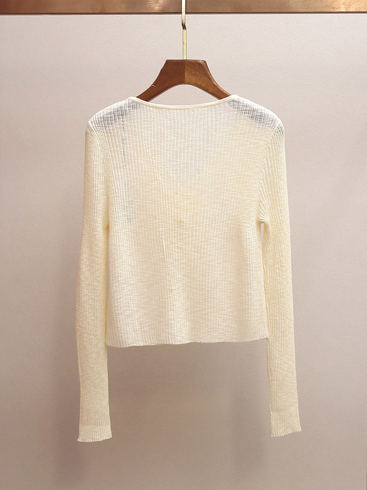 3D Floral Appliqué V-Neck Knit Cardigan | French Sweet Sheer Ribbed Top