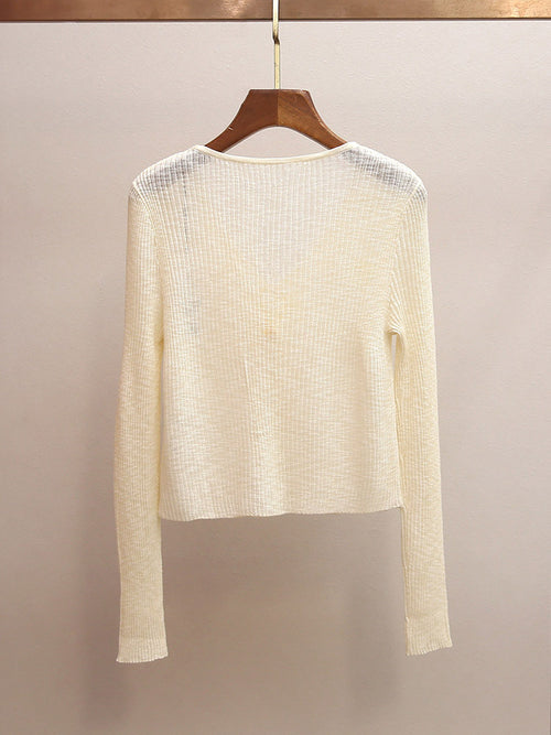 3D Floral Appliqué V-Neck Knit Cardigan | French Sweet Sheer Ribbed Top