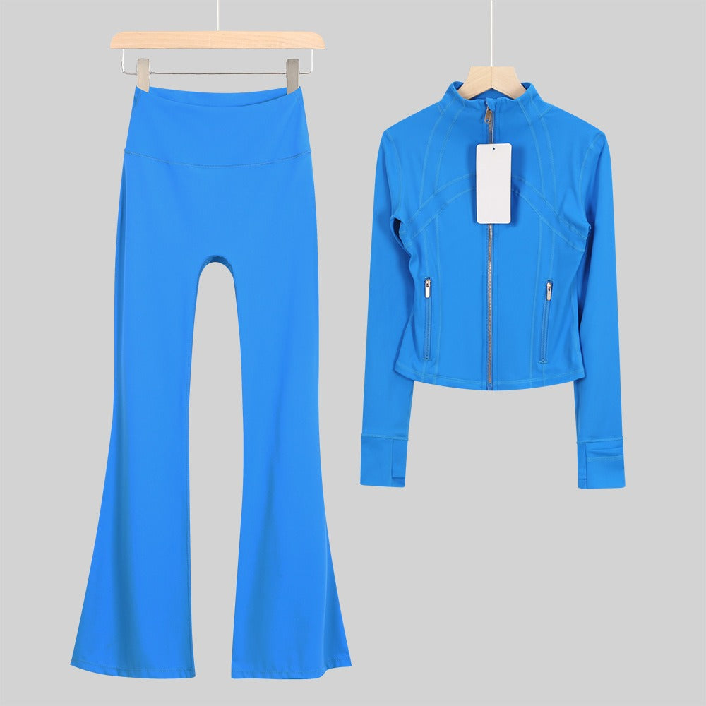 Women's Flared Cropped Stand Collar Yoga Tracksuit | Long Sleeve Zip-Up Jacket & Flare Leg Pants Set for Workout & Lounge