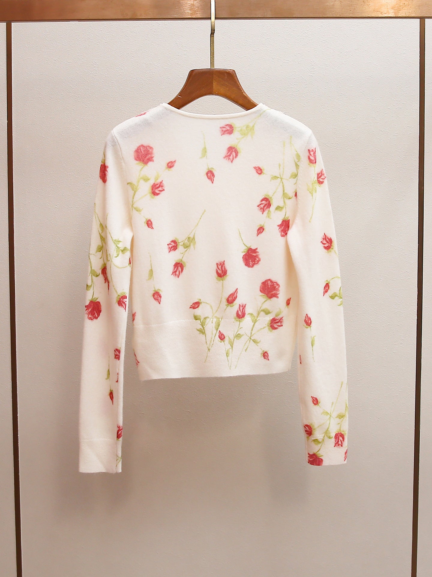 Rose Print Lace Trim V-Neck Cropped Cardigan | Spring Gentle Knit Top