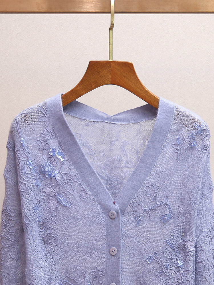 Light Blue Floral Embroidered Sheer Knit Cardigan | V-Neck Embellished Cropped Sweater
