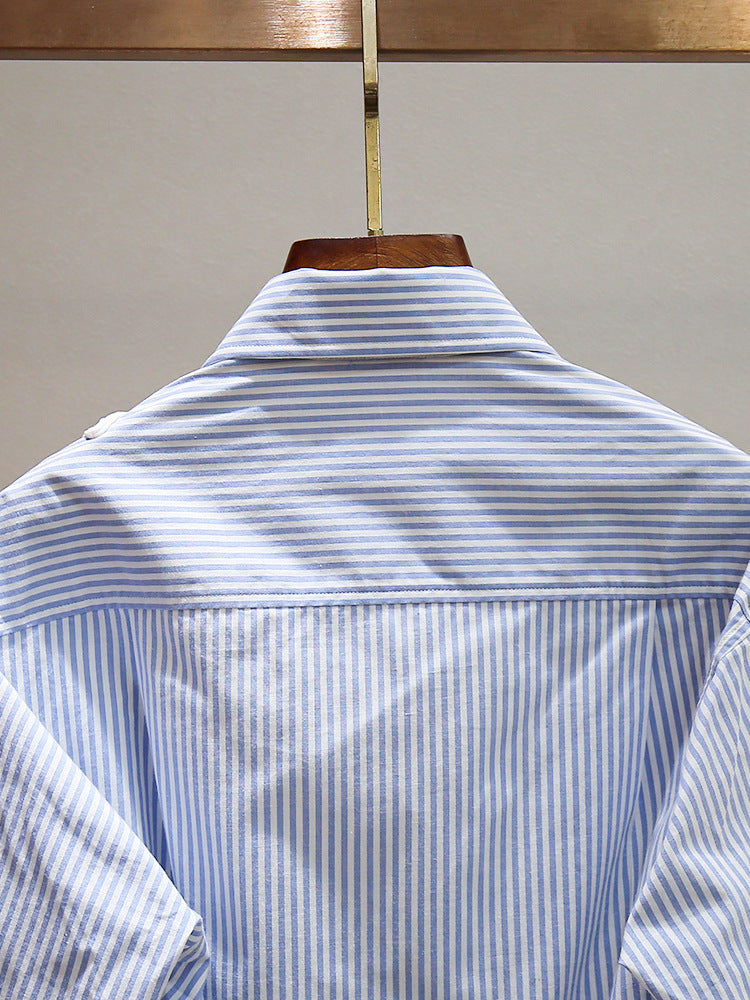 Women's Beaded Hollow Flower Lapel Irregular Striped Button-Down Shirt Top