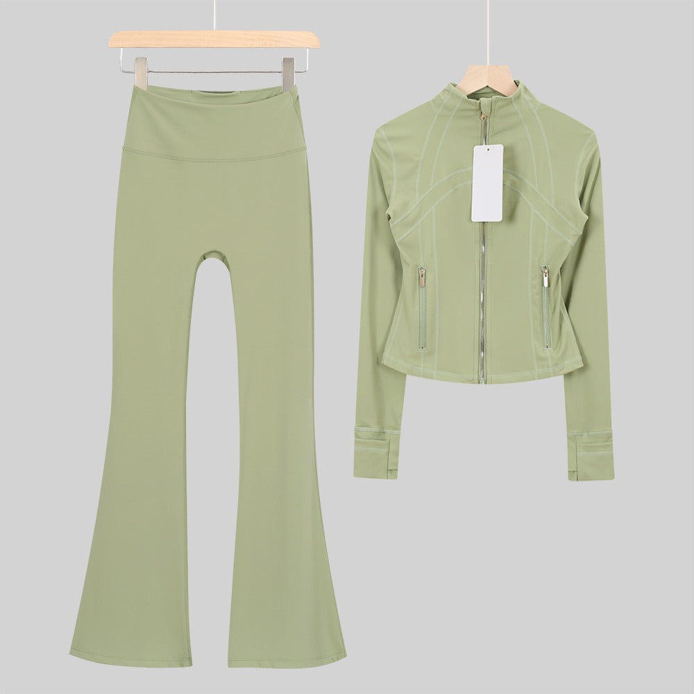 Women's Flared Cropped Stand Collar Yoga Tracksuit | Long Sleeve Zip-Up Jacket & Flare Leg Pants Set for Workout & Lounge