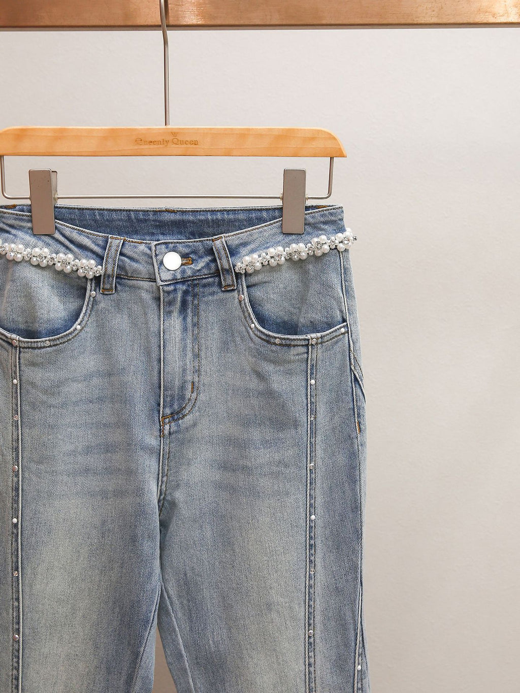 High Waist Beaded Flare Jeans | French Minimalist Rhinestone Denim Pants