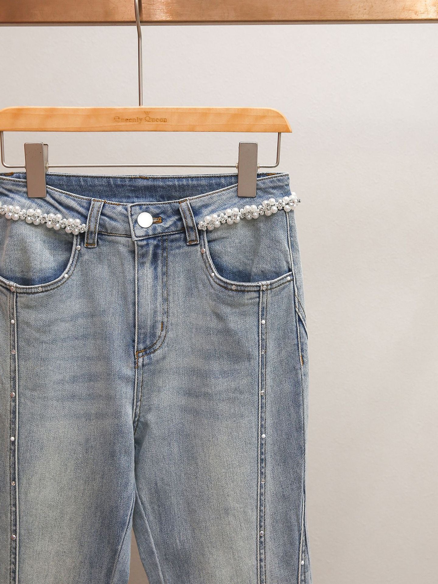 High Waist Beaded Flare Jeans | French Minimalist Rhinestone Denim Pants