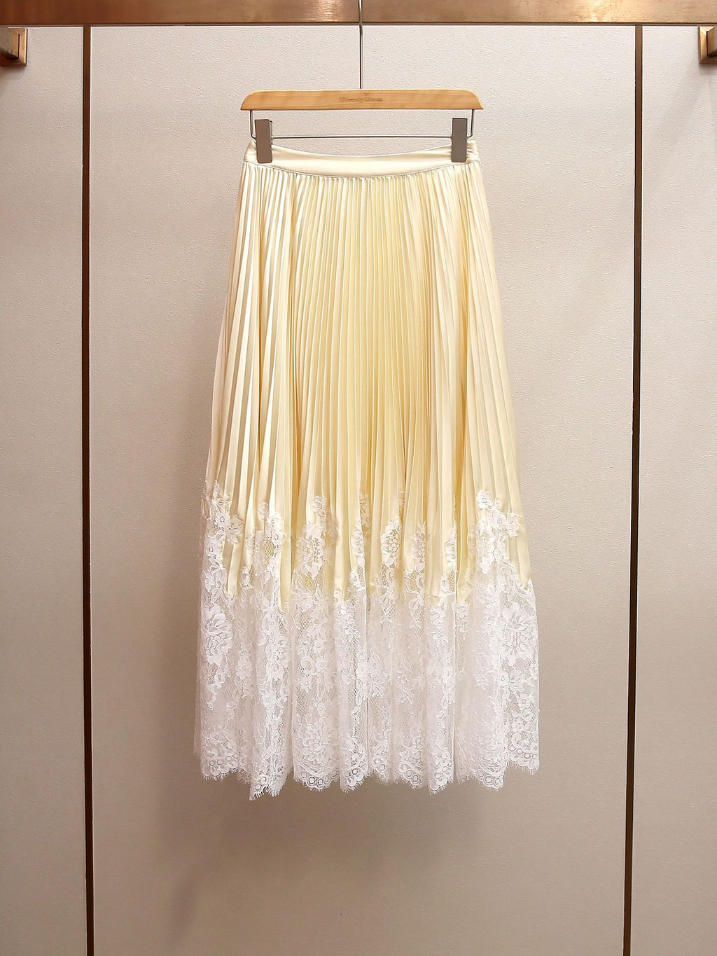 Buttercream Satin Pleated Midi Skirt with Lace Trim