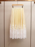 Buttercream Satin Pleated Midi Skirt with Lace Trim