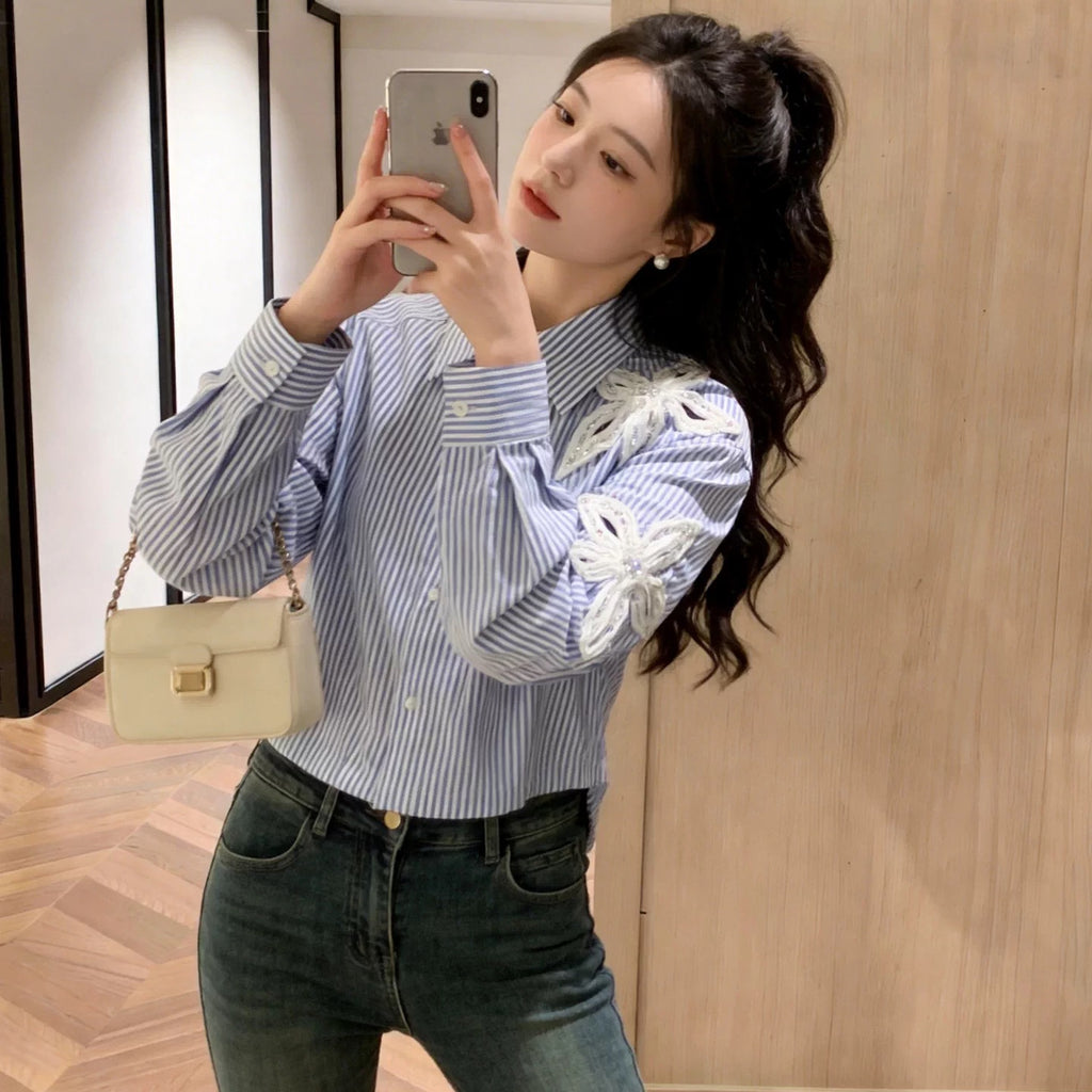 Women's Beaded Hollow Flower Lapel Irregular Striped Button-Down Shirt Top