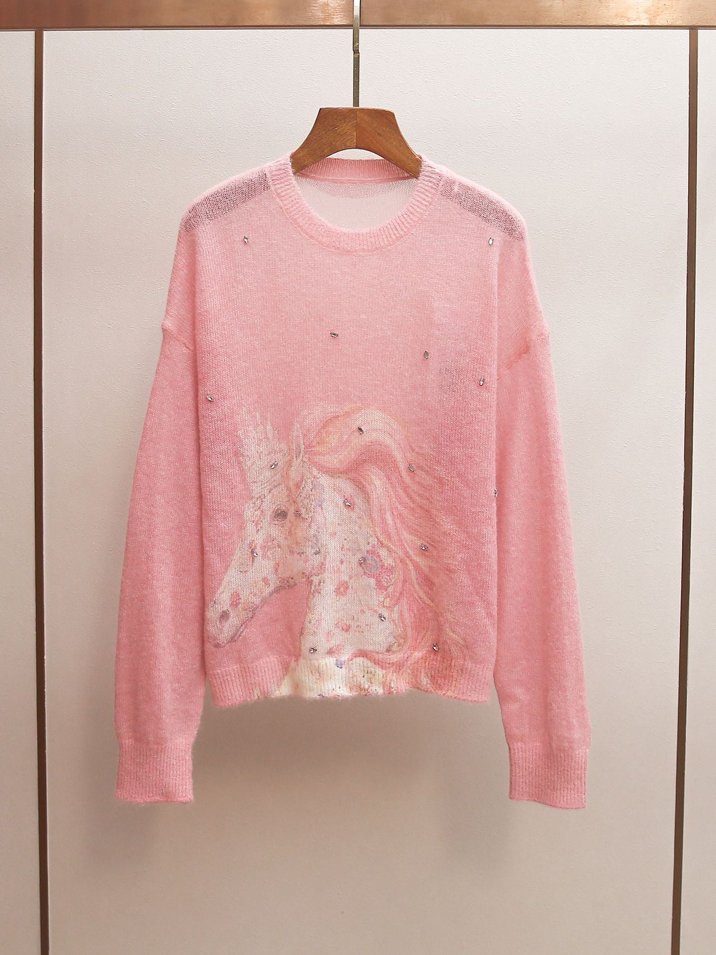 Pink Unicorn Print Rhinestone Sweater | Spring Lazy Style Sheer Knit Top