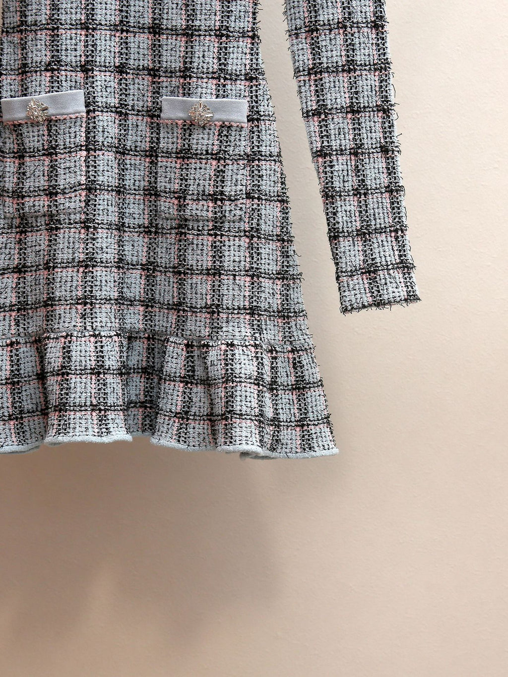 Women's Spring New Celebrity Style Plaid Rhinestone Round Neck Long Sleeve Ruffle Hem Mini Dress