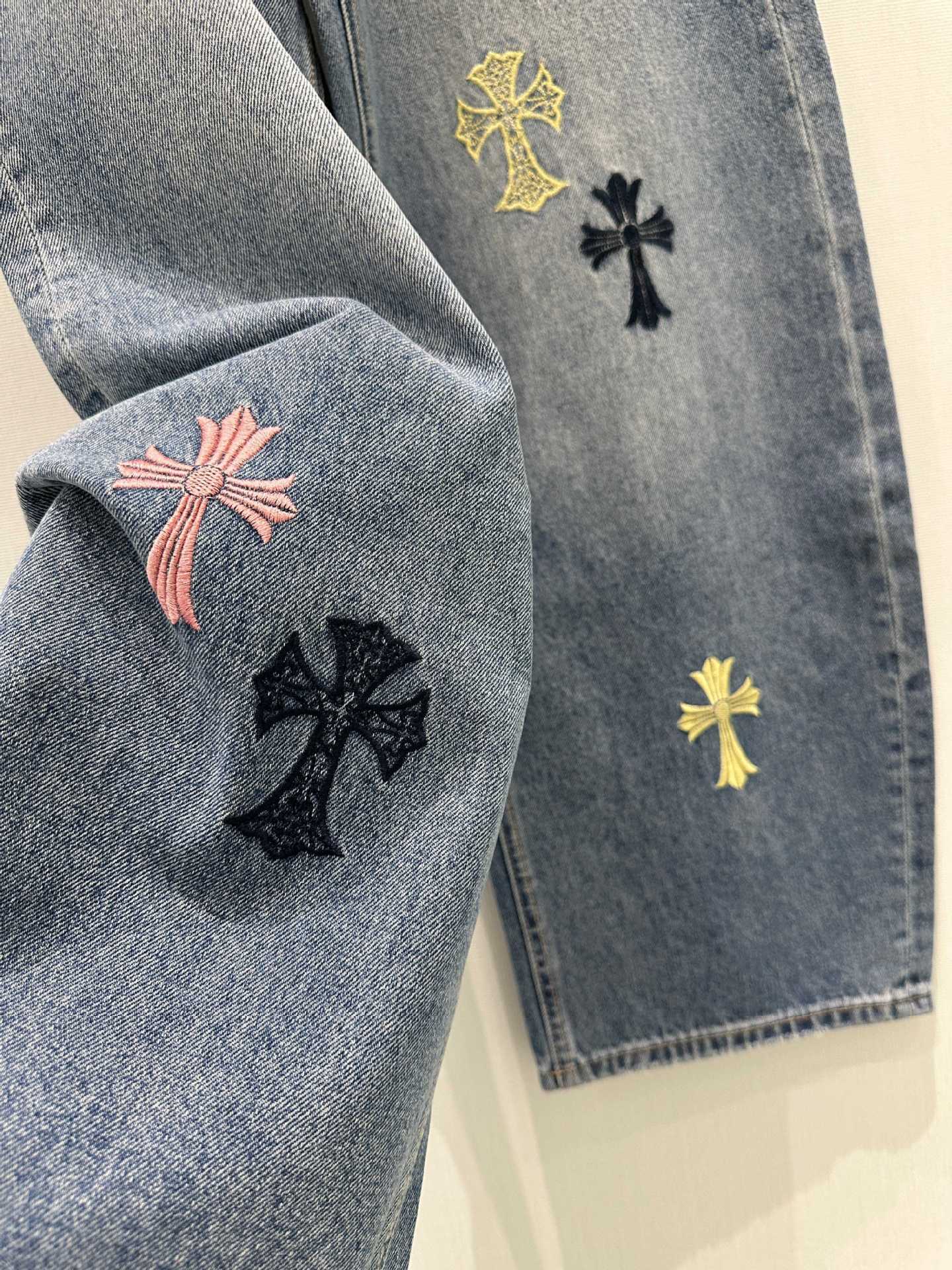 Vintage Cross Embroidery Wide Leg Jeans for Women | High Waist Loose Straight Pants