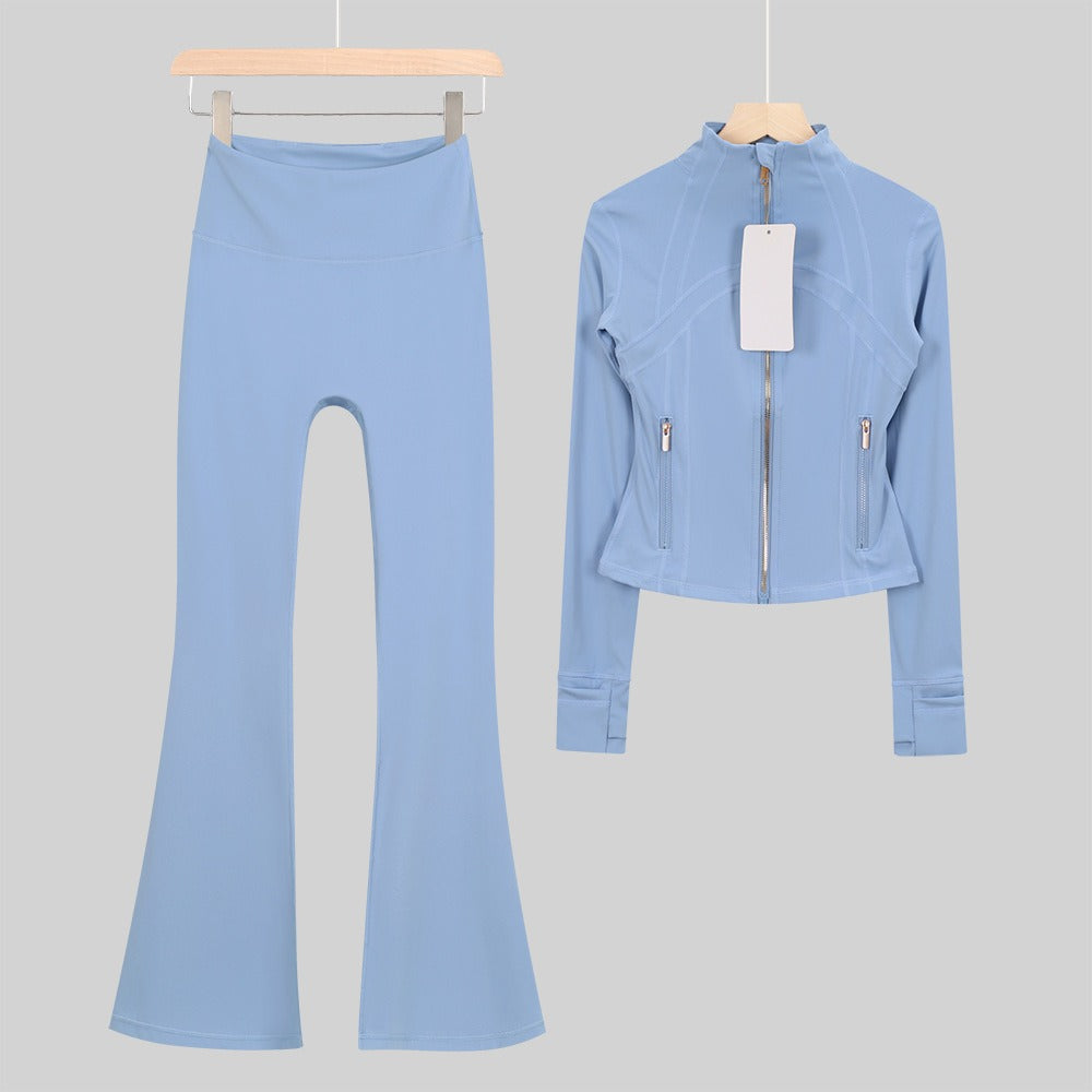 Women's Flared Cropped Stand Collar Yoga Tracksuit | Long Sleeve Zip-Up Jacket & Flare Leg Pants Set for Workout & Lounge