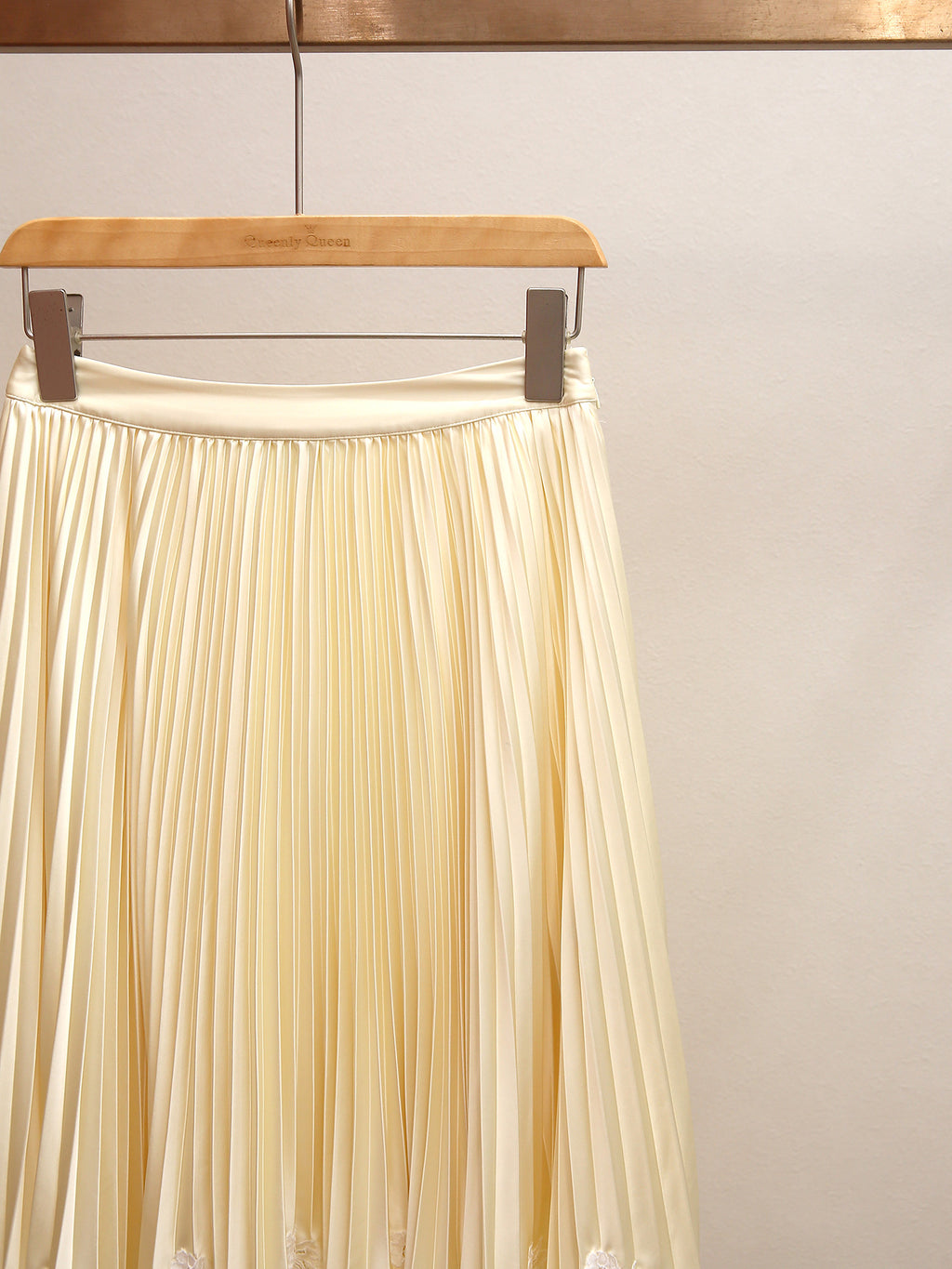Buttercream Satin Pleated Midi Skirt with Lace Trim