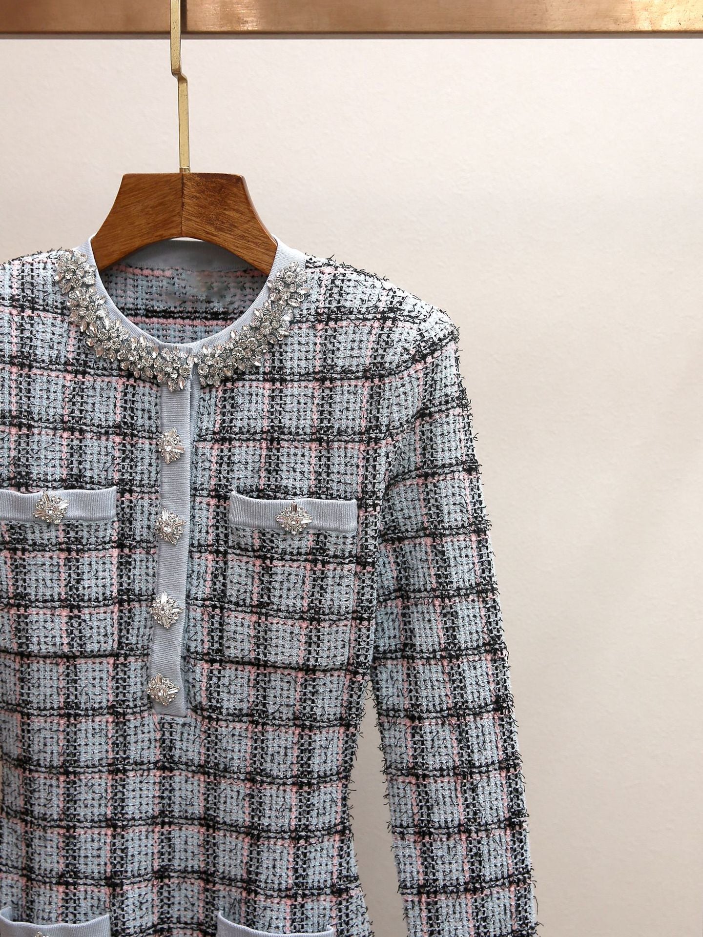 Women's Spring New Celebrity Style Plaid Rhinestone Round Neck Long Sleeve Ruffle Hem Mini Dress