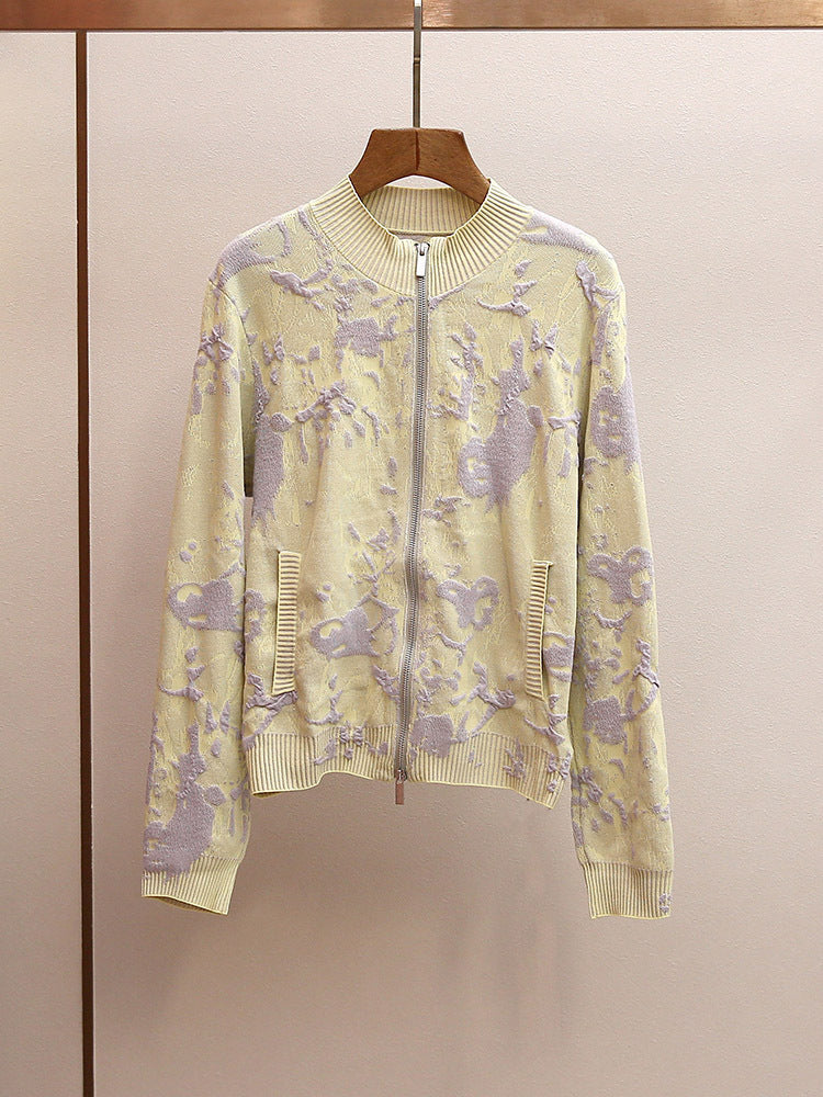 Women's Spring Textured Jacquard Zip Up Knit Jacket