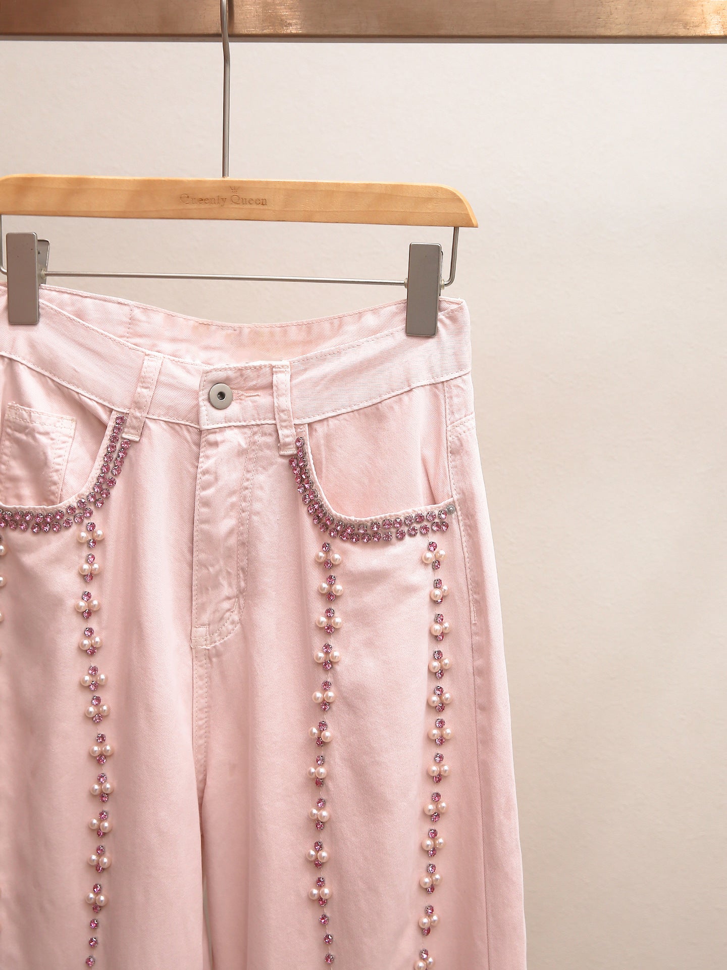 Sweet Pink Beaded & Rhinestone Wide Leg Jeans | American Style High Waist Denim Pants