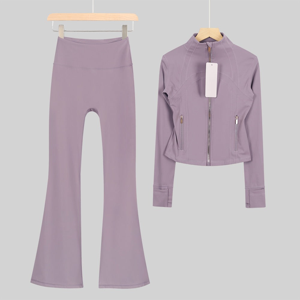 Women's Flared Cropped Stand Collar Yoga Tracksuit | Long Sleeve Zip-Up Jacket & Flare Leg Pants Set for Workout & Lounge