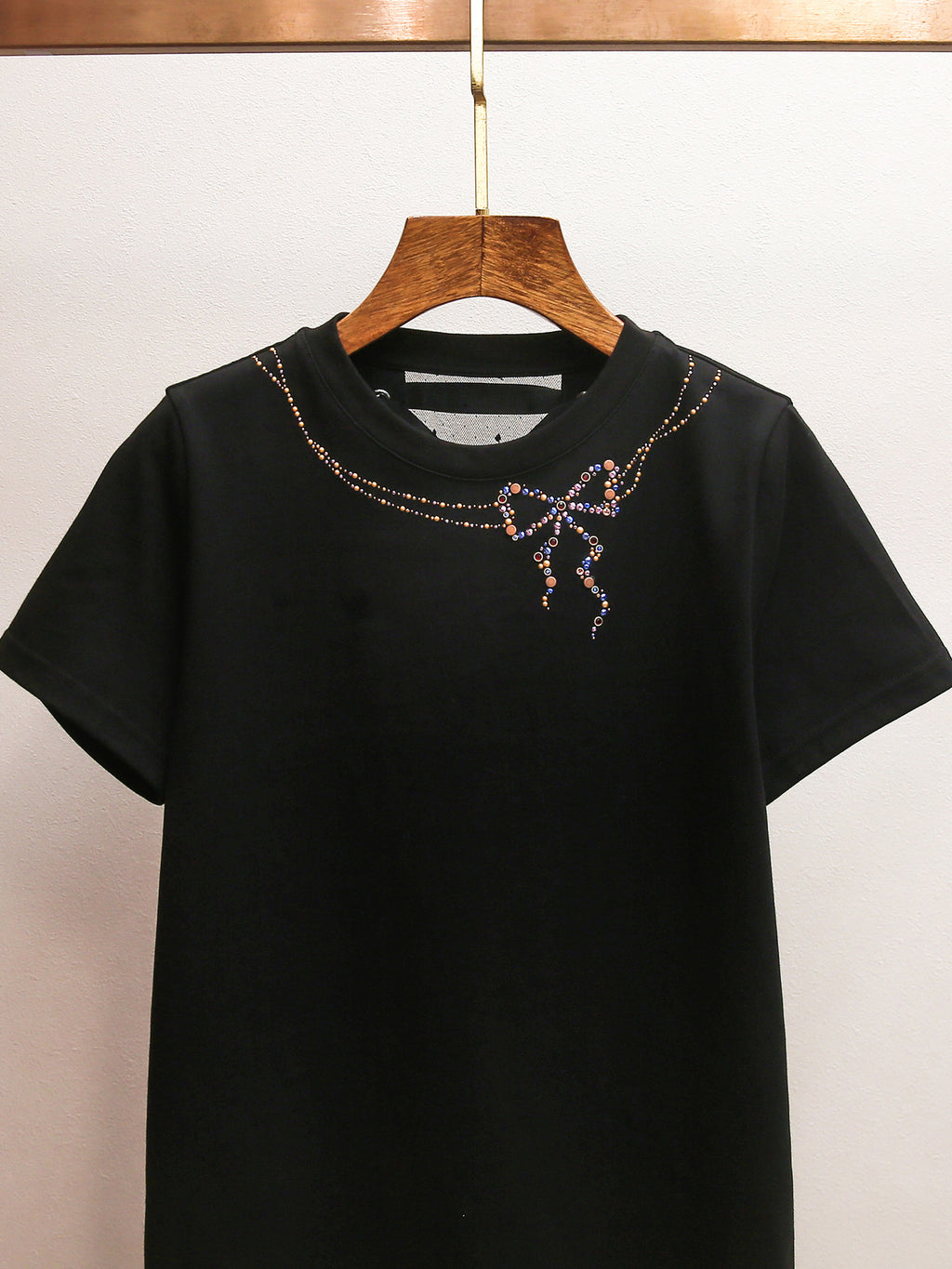 Back Lace-Up Rhinestone Bow T-Shirt | French Style Crew Neck Short Sleeve Top