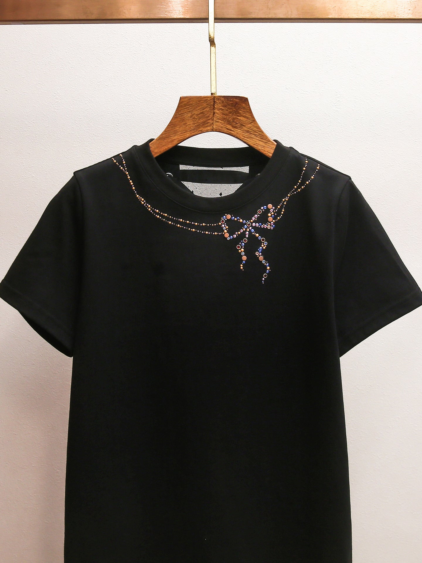 Back Lace-Up Rhinestone Bow T-Shirt | French Style Crew Neck Short Sleeve Top