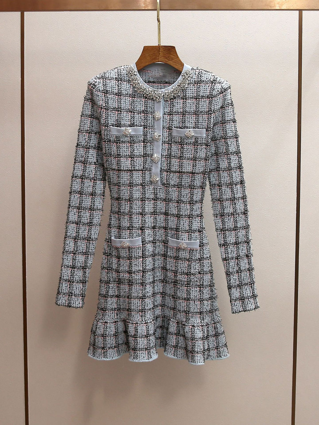 Women's Spring New Celebrity Style Plaid Rhinestone Round Neck Long Sleeve Ruffle Hem Mini Dress