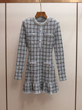 Women's Spring New Celebrity Style Plaid Rhinestone Round Neck Long Sleeve Ruffle Hem Mini Dress