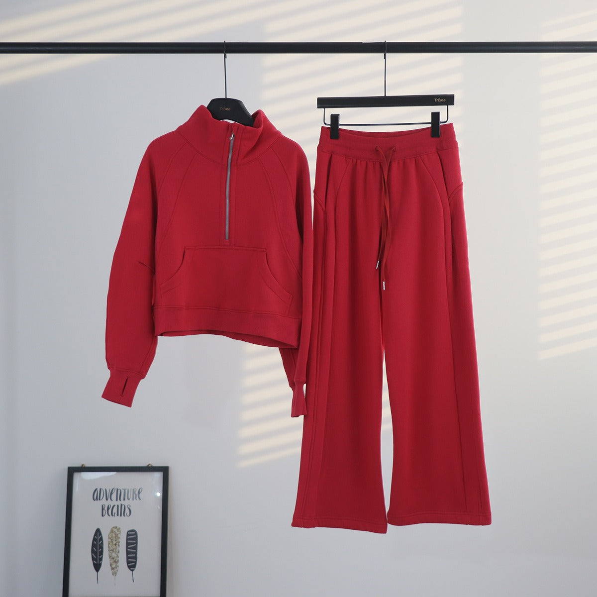 Women's Half-Zip Stand Collar Fleece Tracksuit Set – Oversized Scuba Hoodie & Wide Leg Yoga Pants for Workout & Lounge