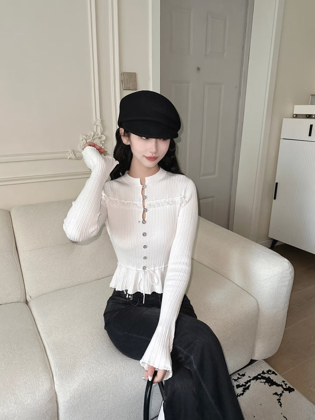 White Lace Trim Ribbed Knit Top | Flare Sleeve Tie Waist Sweater