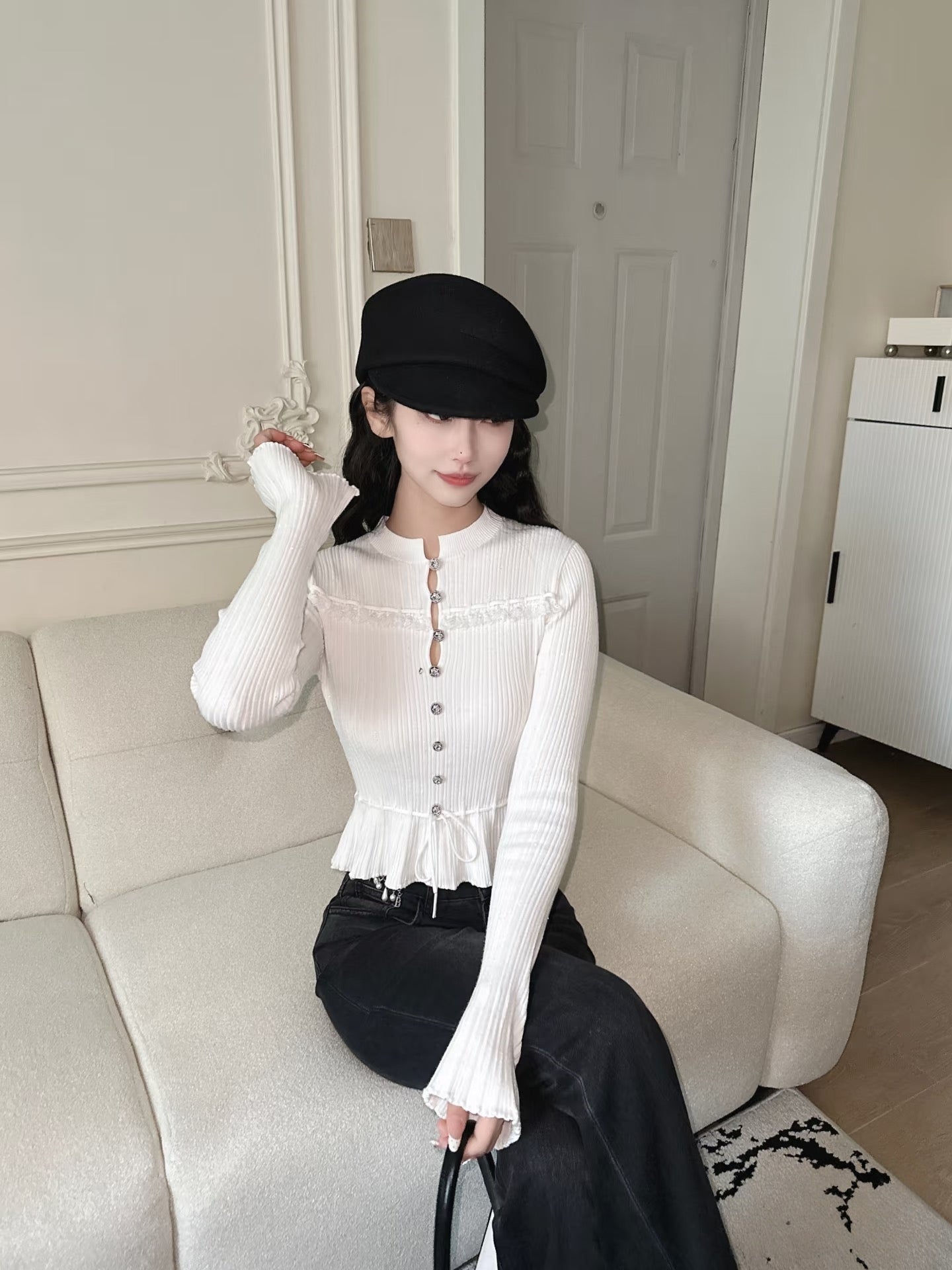 White Lace Trim Ribbed Knit Top | Flare Sleeve Tie Waist Sweater