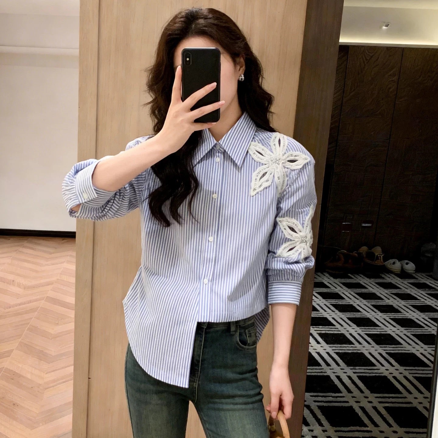 Women's Beaded Hollow Flower Lapel Irregular Striped Button-Down Shirt Top