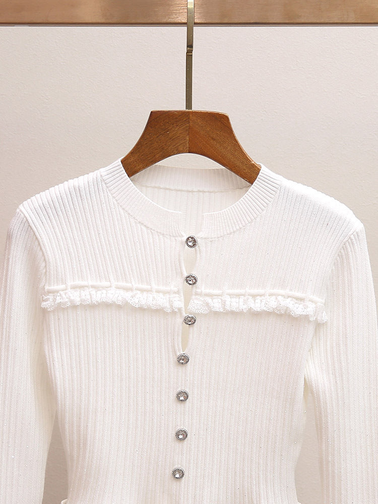 White Lace Trim Ribbed Knit Top | Flare Sleeve Tie Waist Sweater
