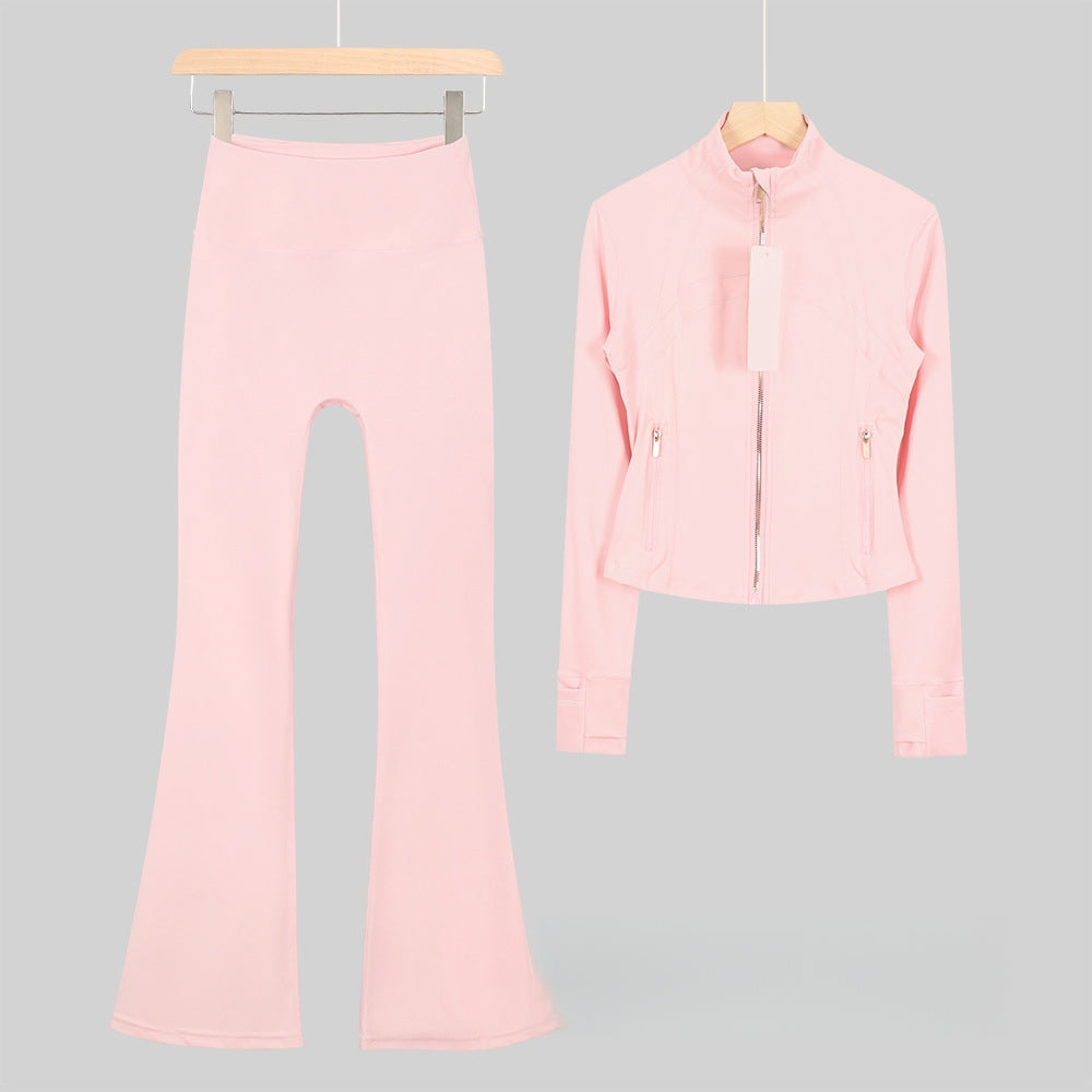 Women's Flared Cropped Stand Collar Yoga Tracksuit | Long Sleeve Zip-Up Jacket & Flare Leg Pants Set for Workout & Lounge