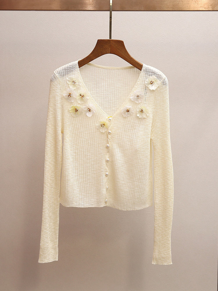 3D Floral Appliqué V-Neck Knit Cardigan | French Sweet Sheer Ribbed Top