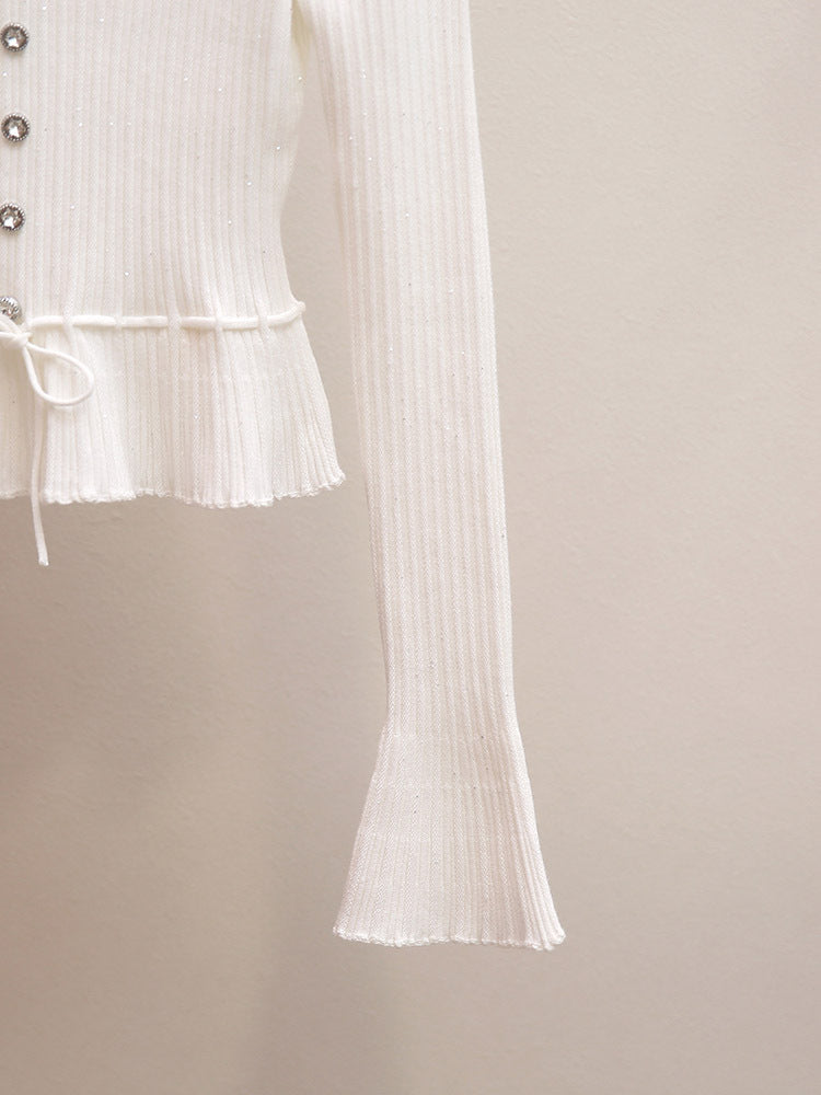 White Lace Trim Ribbed Knit Top | Flare Sleeve Tie Waist Sweater