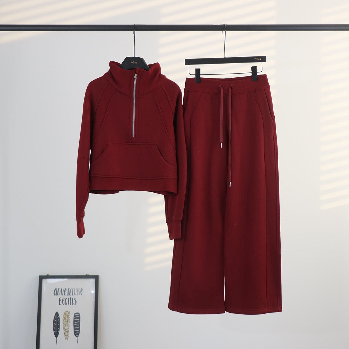 Women's Half-Zip Stand Collar Fleece Tracksuit Set – Oversized Scuba Hoodie & Wide Leg Yoga Pants for Workout & Lounge