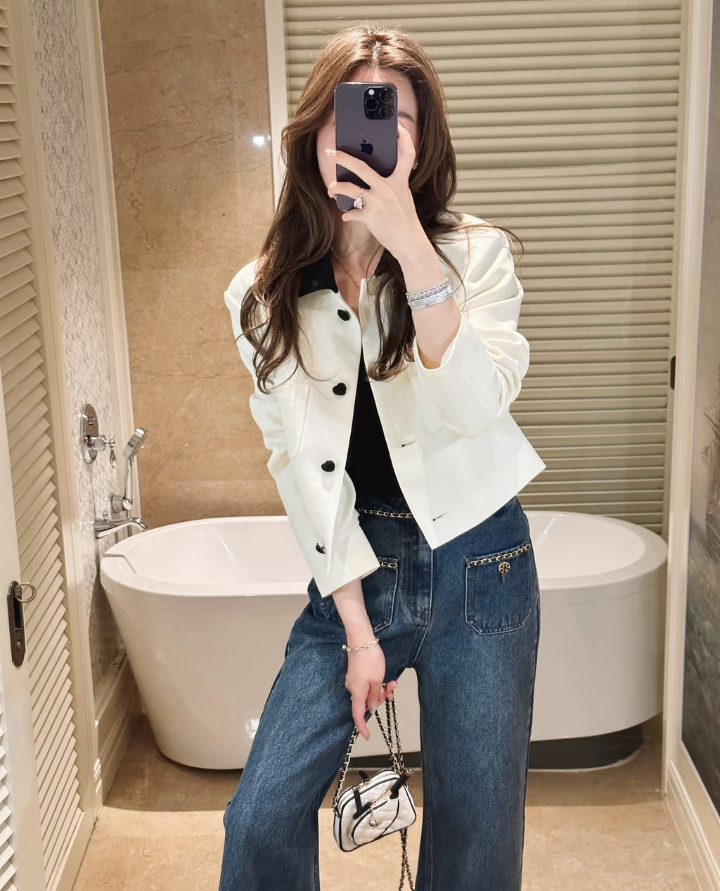 Women's Retro American Style Chain-Trim High-Waist Slimming Straight Wide-Leg Jeans