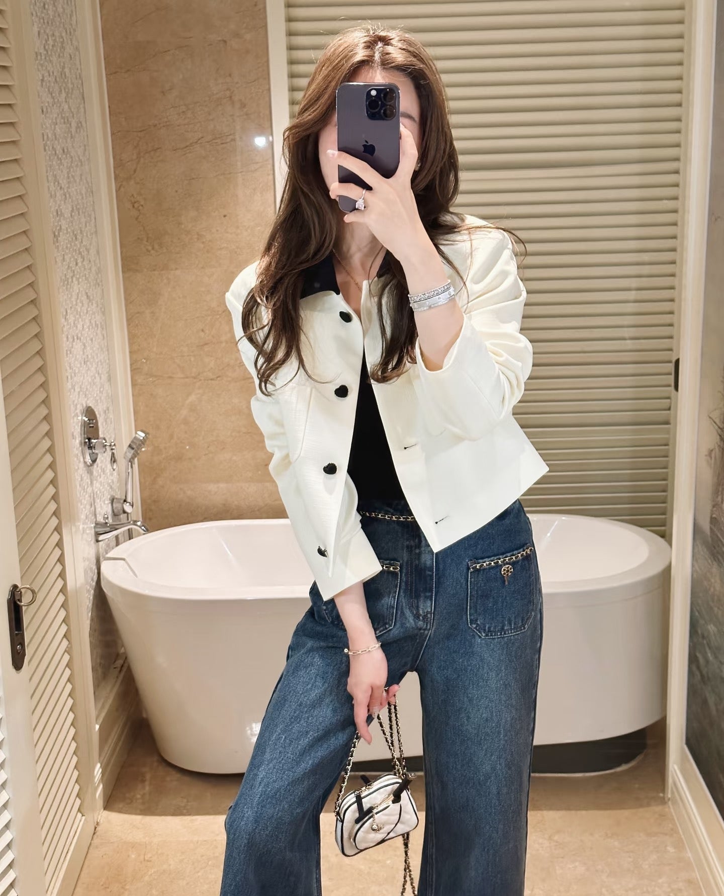 Women's Retro American Style Chain-Trim High-Waist Slimming Straight Wide-Leg Jeans