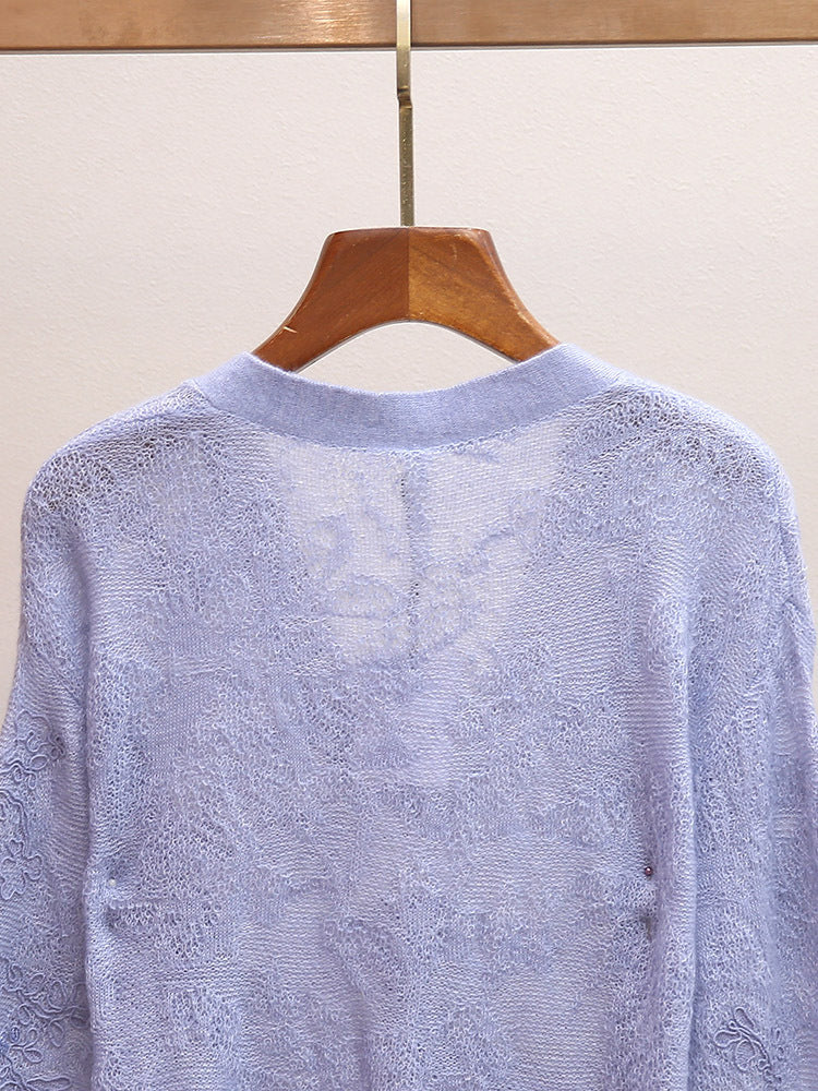 Light Blue Floral Embroidered Sheer Knit Cardigan | V-Neck Embellished Cropped Sweater
