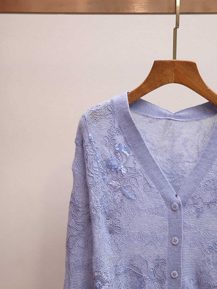 Light Blue Floral Embroidered Sheer Knit Cardigan | V-Neck Embellished Cropped Sweater