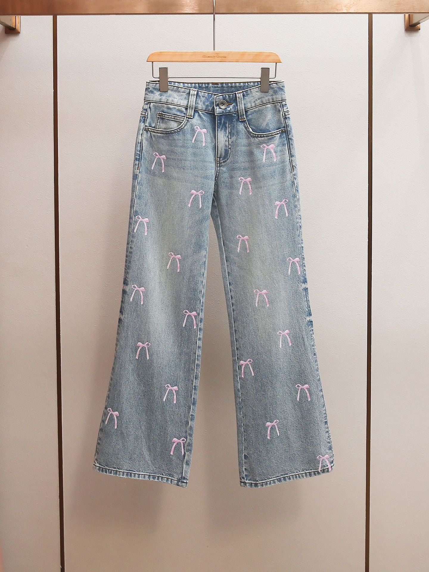 Pink Bow Embroidered High-Waisted Wide Leg Jeans | French Sweet Denim Pants
