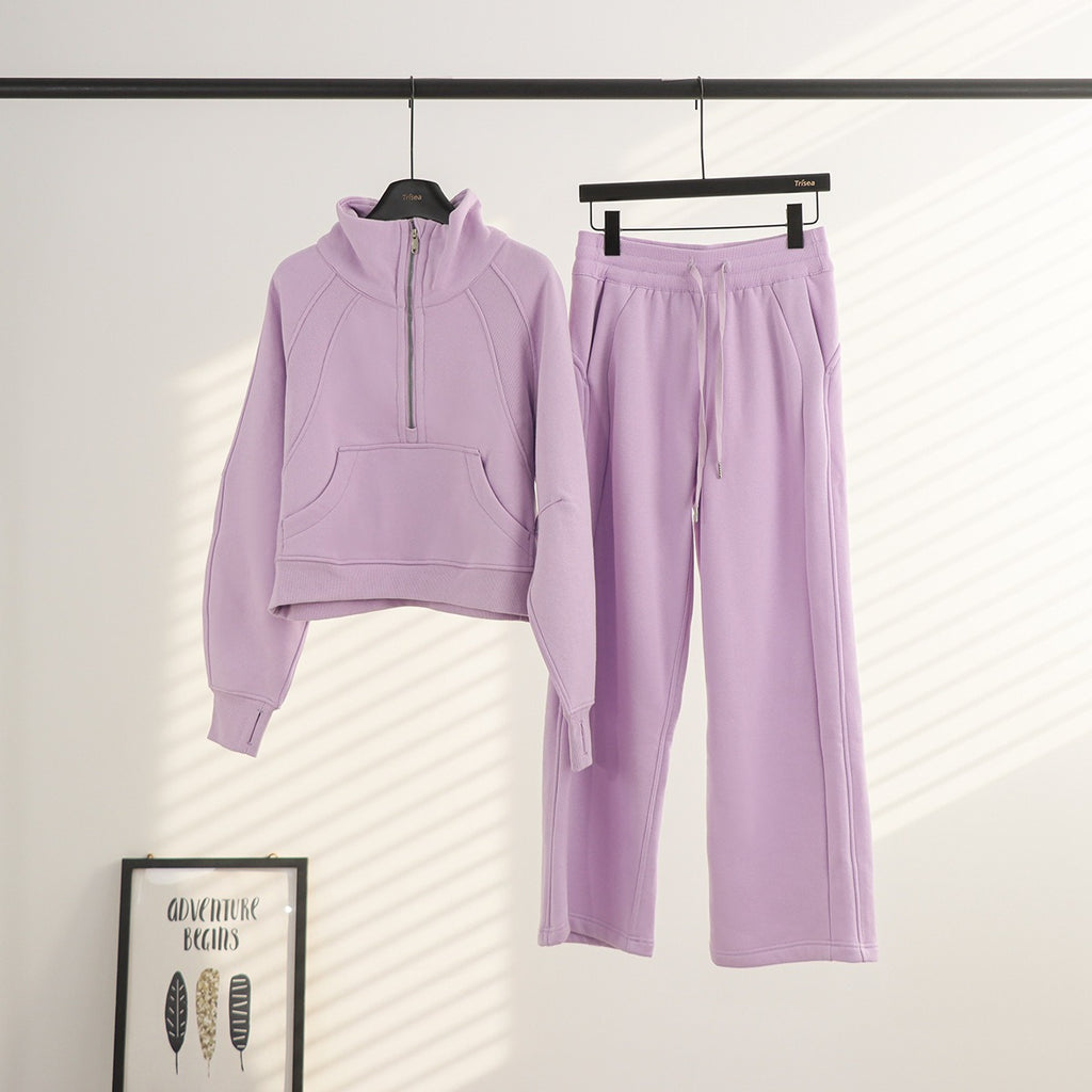 Women's Half-Zip Stand Collar Fleece Tracksuit Set – Oversized Scuba Hoodie & Wide Leg Yoga Pants for Workout & Lounge