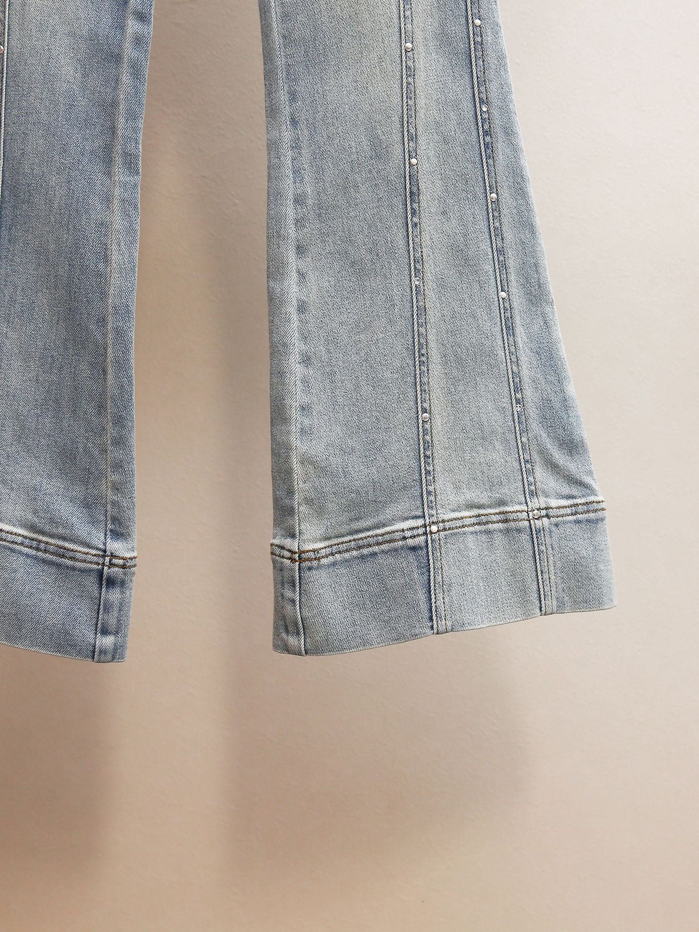 High Waist Beaded Flare Jeans | French Minimalist Rhinestone Denim Pants