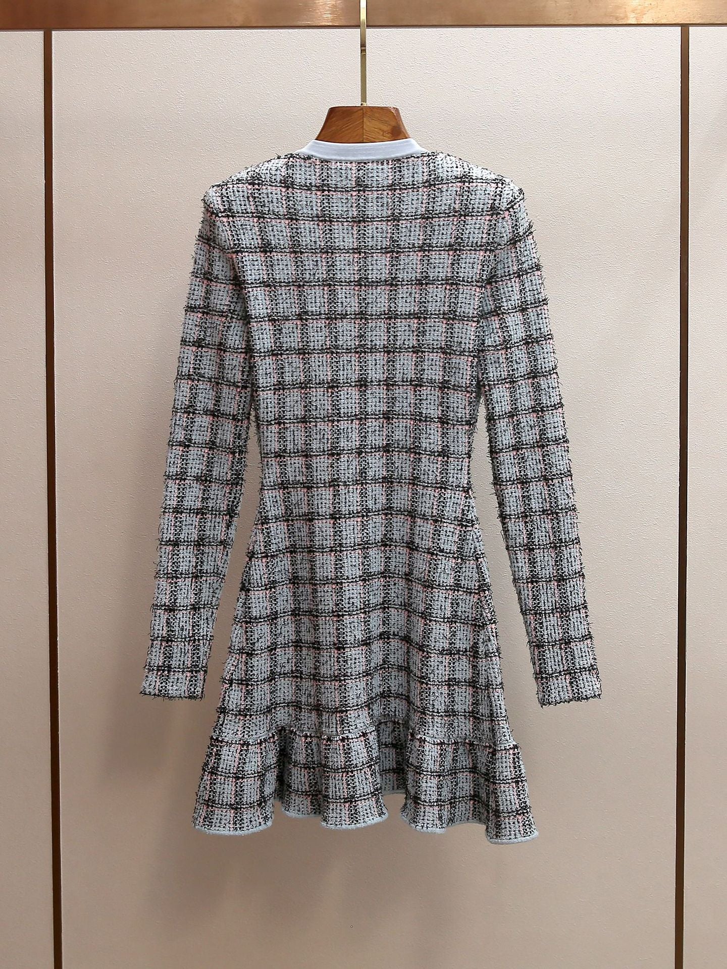 Women's Spring New Celebrity Style Plaid Rhinestone Round Neck Long Sleeve Ruffle Hem Mini Dress