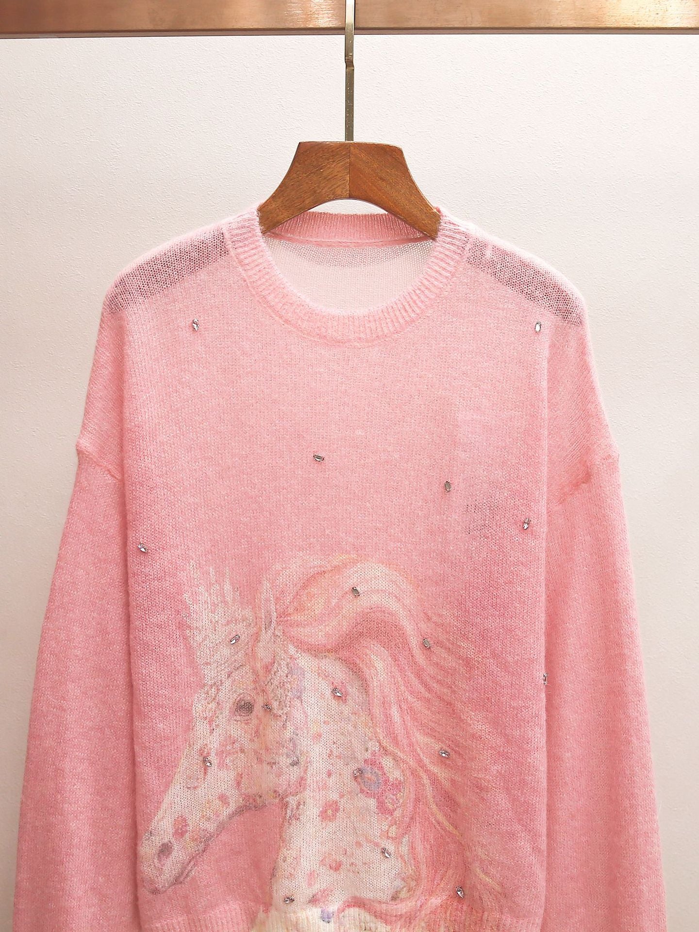 Pink Unicorn Print Rhinestone Sweater | Spring Lazy Style Sheer Knit Top