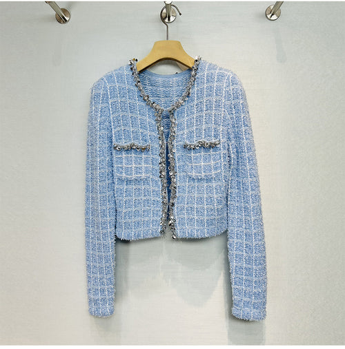Blue Plaid Tweed 2 Piece Set with Rhinestones | Crop Blazer & Mini Skirt Suit
