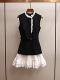 Women's Spring New French Elegant Spliced Lace Trim Sleeveless Vest Dress with Belt