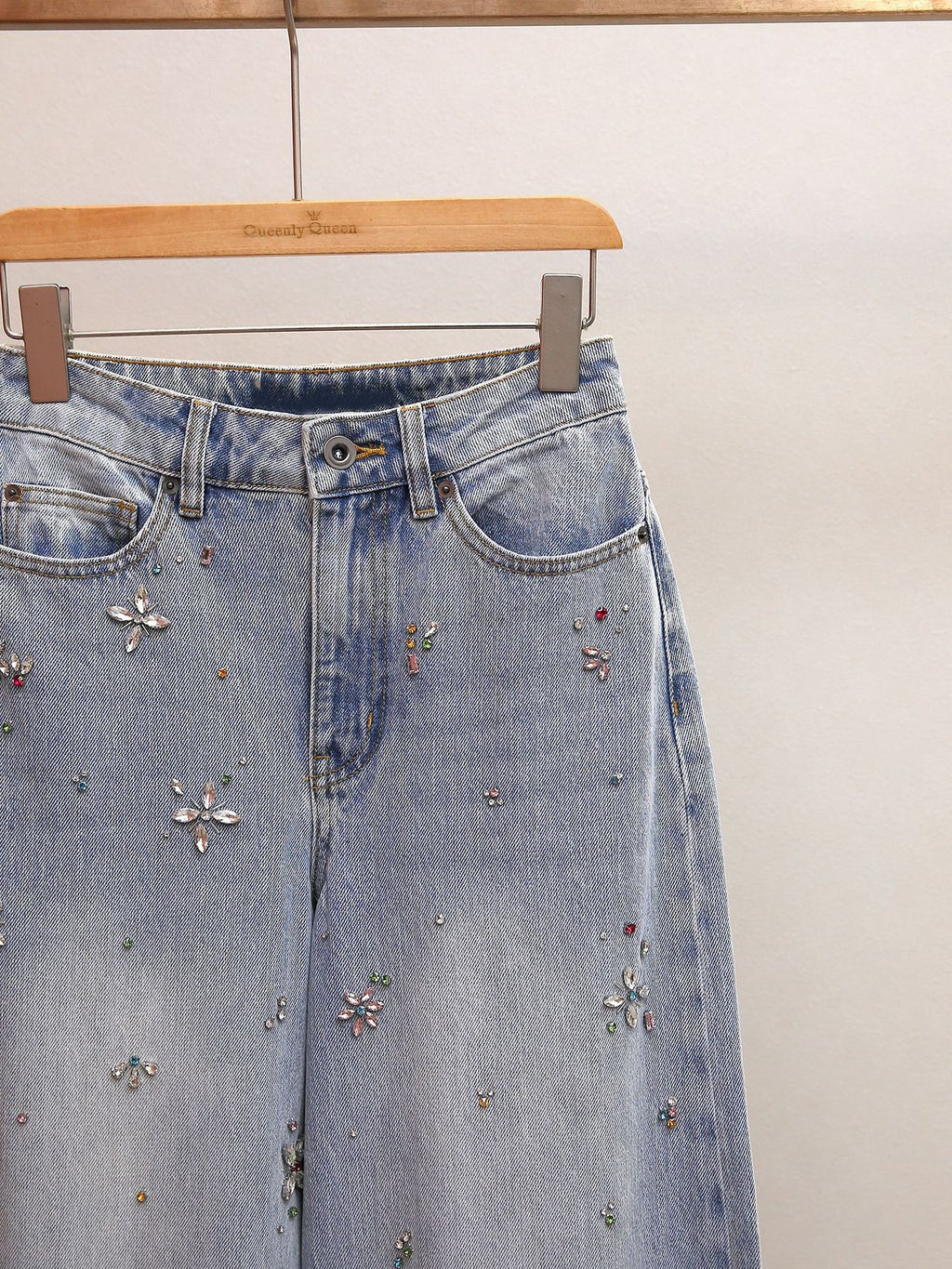 Rhinestone High Waist Wide Leg Jeans, Washed A-Line Commuter Denim Pants for Women