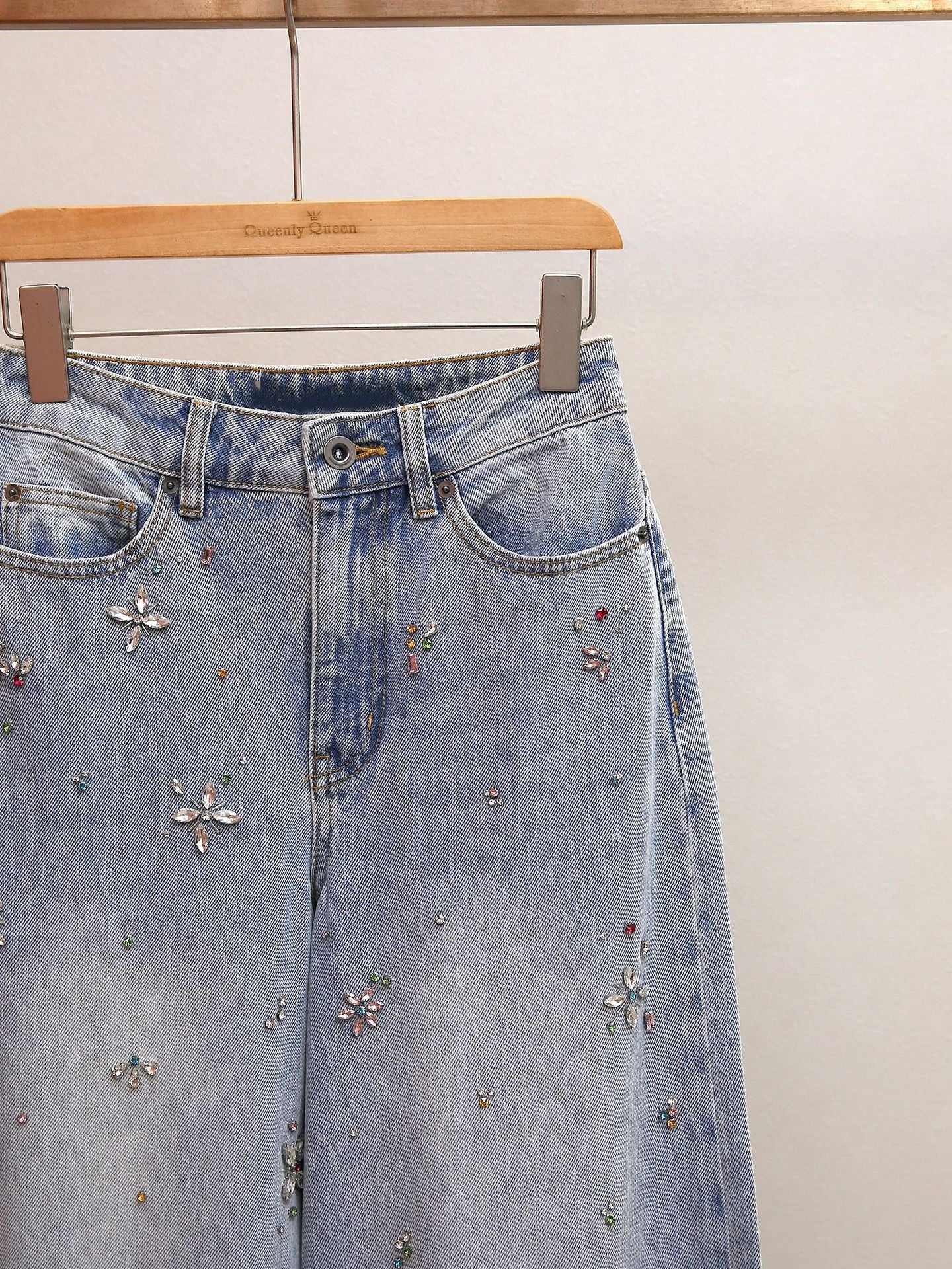Rhinestone High Waist Wide Leg Jeans, Washed A-Line Commuter Denim Pants for Women
