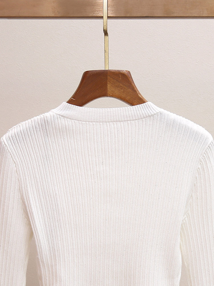 White Lace Trim Ribbed Knit Top | Flare Sleeve Tie Waist Sweater