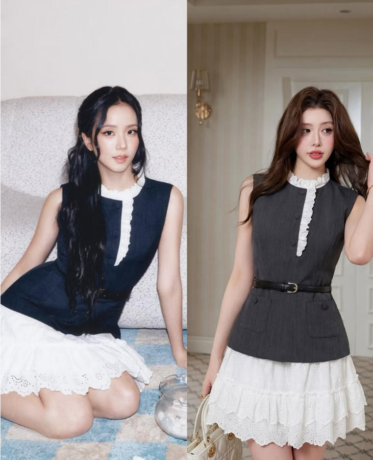 Women's Spring New French Elegant Spliced Lace Trim Sleeveless Vest Dress with Belt