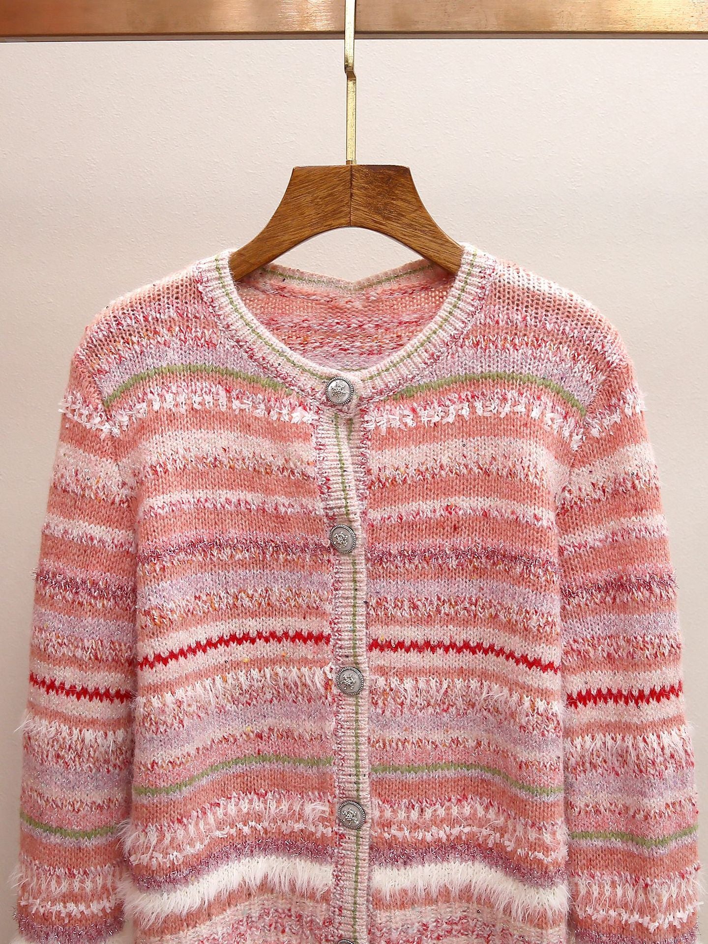 Women's Pastel Striped Knit Cardigan | Fluffy Fur Trim Cropped Knit Sweaters